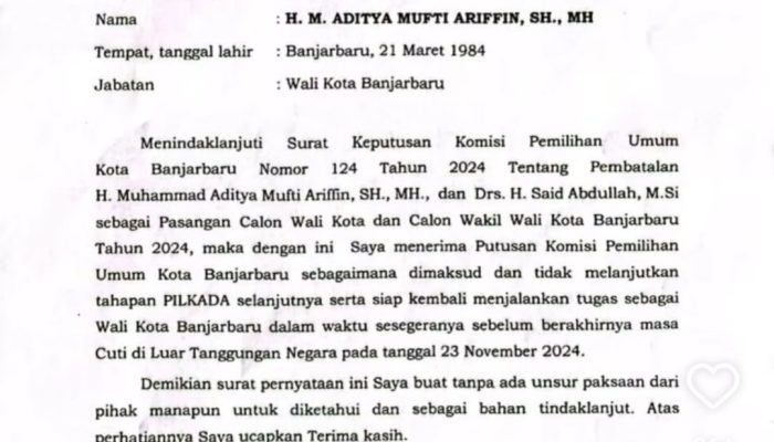Walikota Banjarbaru Aditya Mufti Legowo Terima Putusan KPU Terkait Diskualifikasi